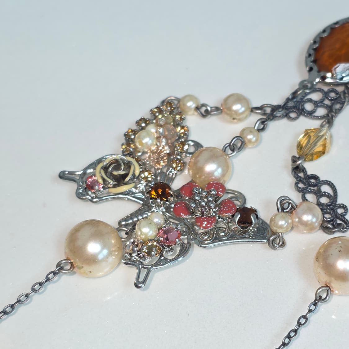 엑시즈팜 희귀 일본고전빈티지)2연줄 버터플라이 앤틱 비즈큐빅 로맨틱목걸이 상품이미지4