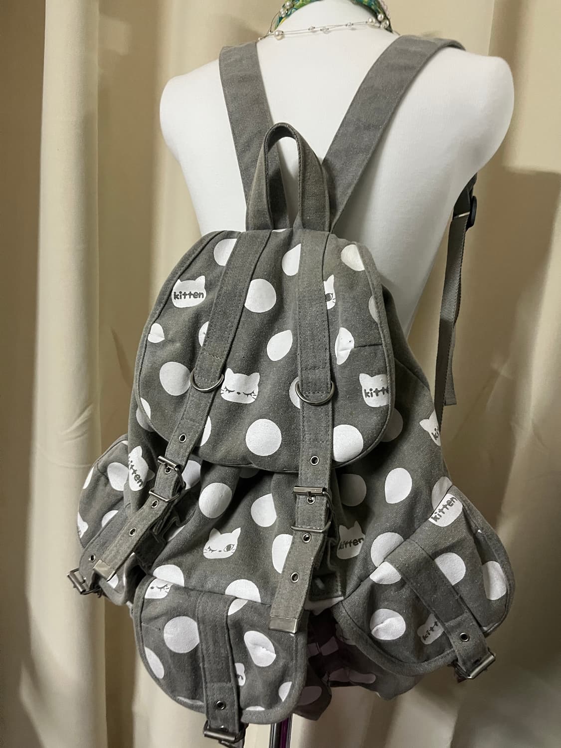 그레이 도트 고양이 빈티지 백팩 상품이미지7