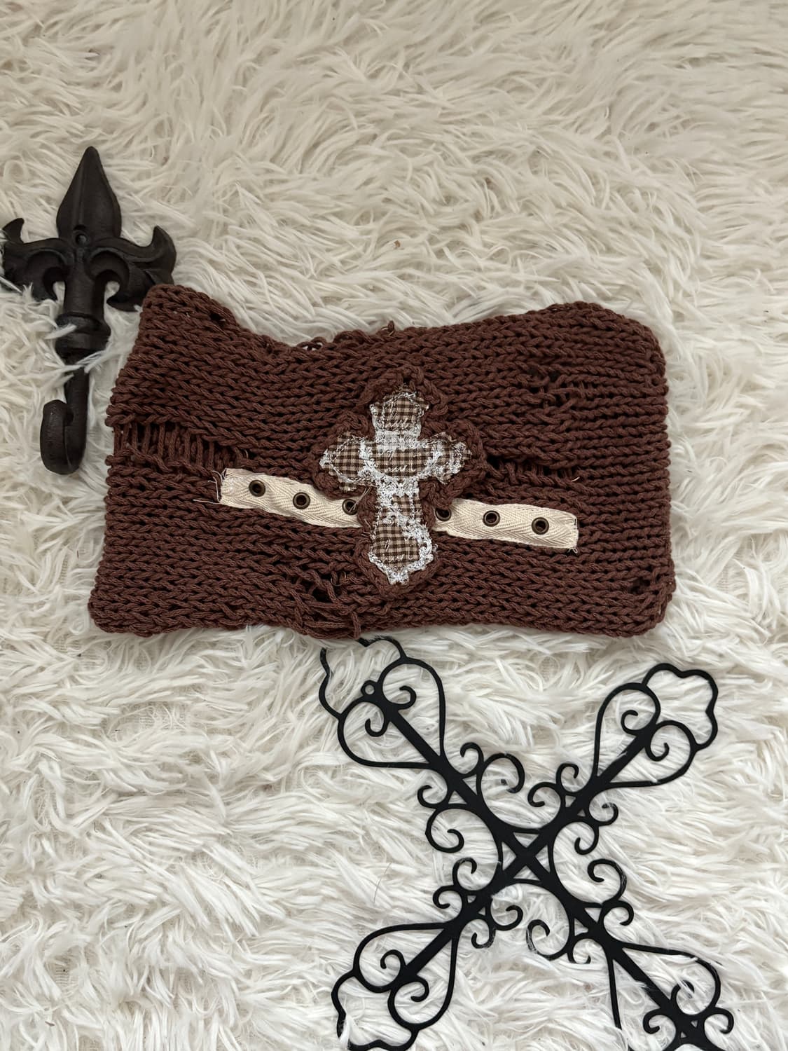 • hurtmade Brown Crochet Cross Damage Ha 상품이미지1