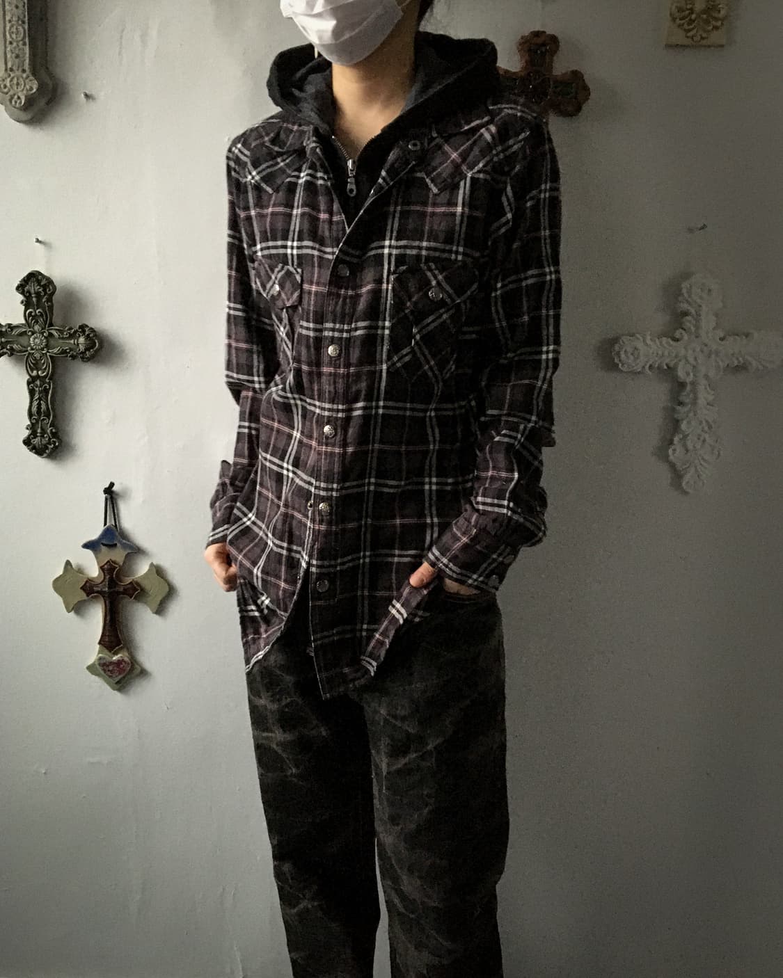 Hood layered check pattern shirt 상품이미지1