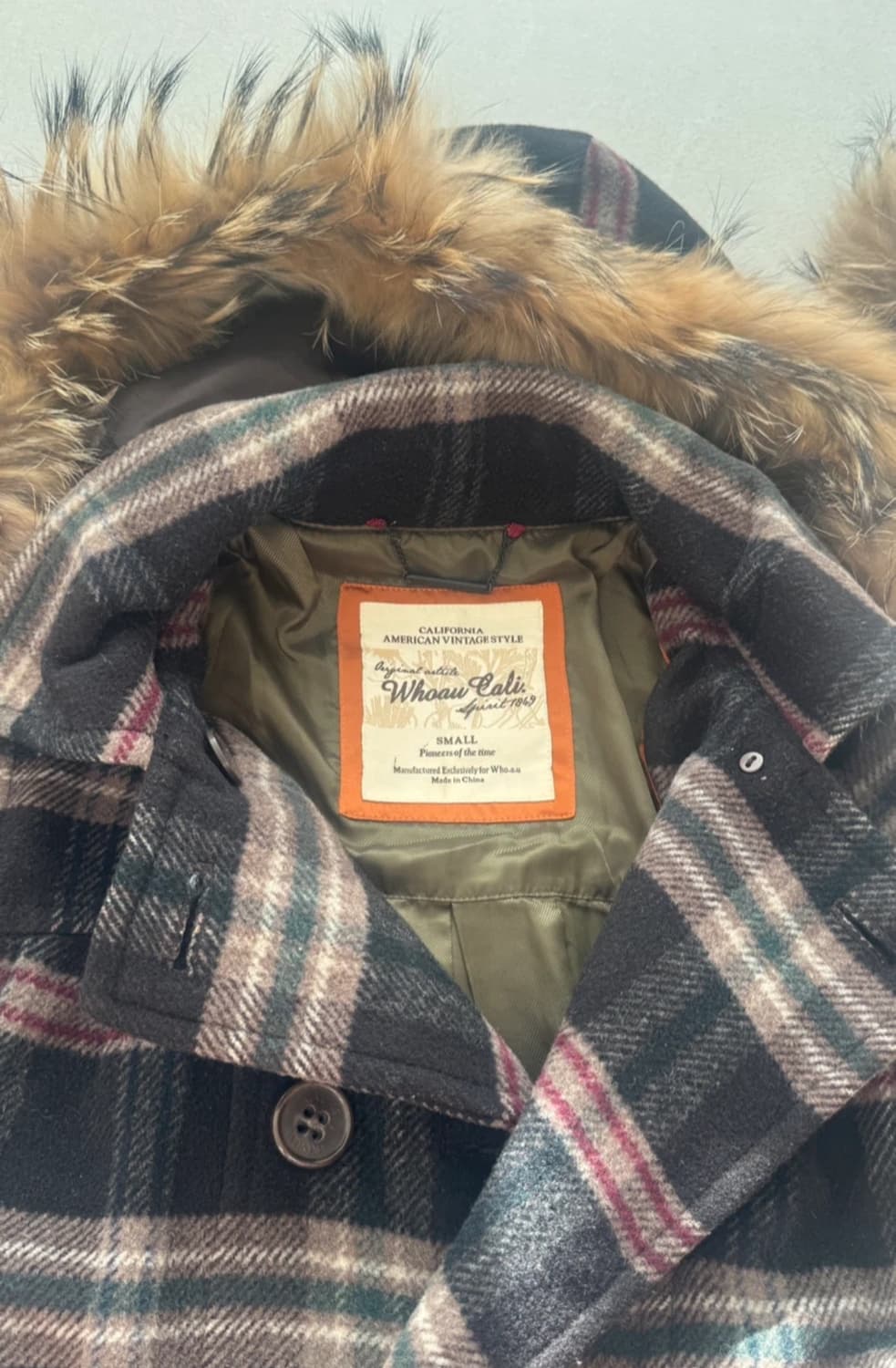 WHO.A.U 체크 모피 후드 코트 S 상품이미지7