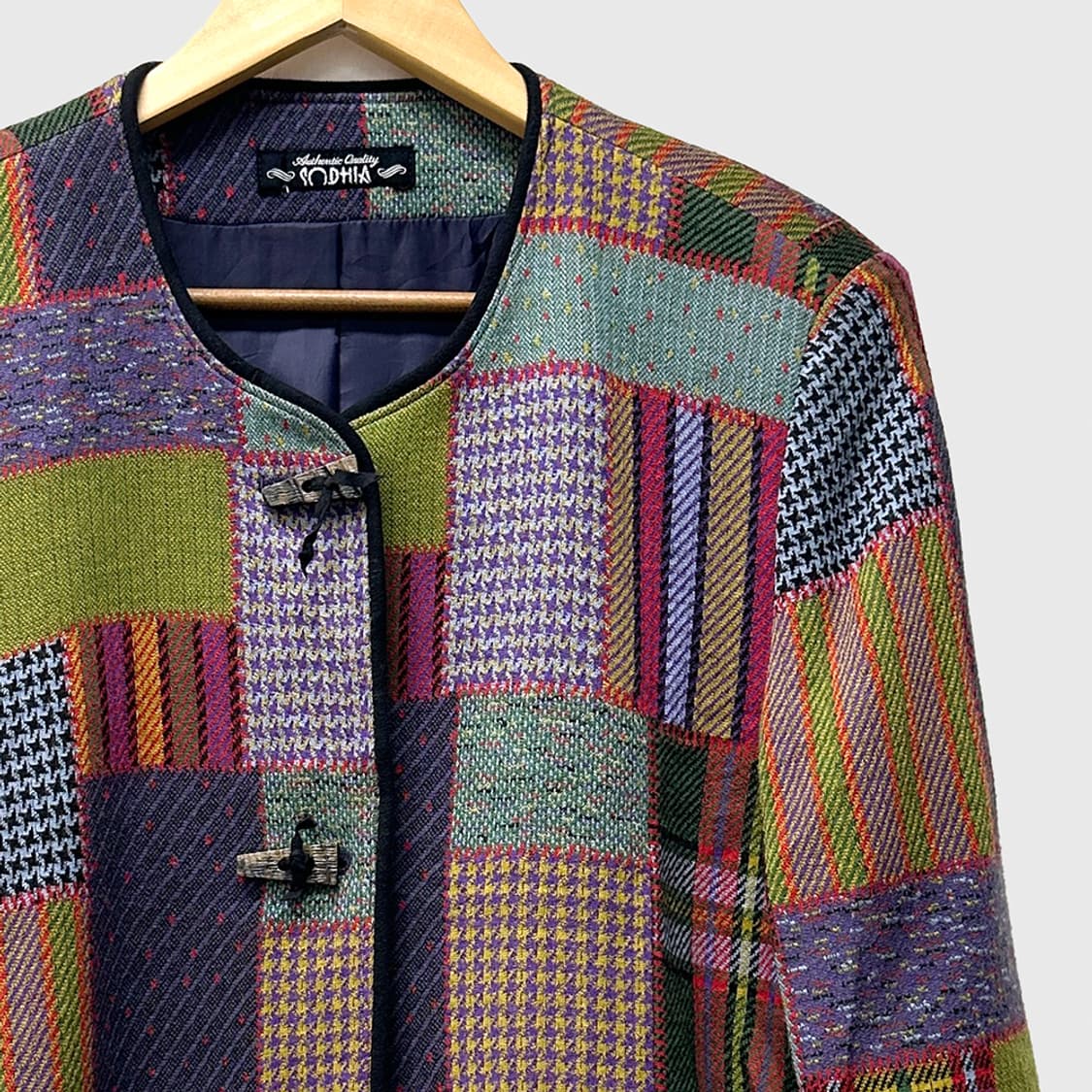 JPN 울 블렌드 토글 버튼 체크 패치워크 빈티지 자켓 여성 상품이미지2