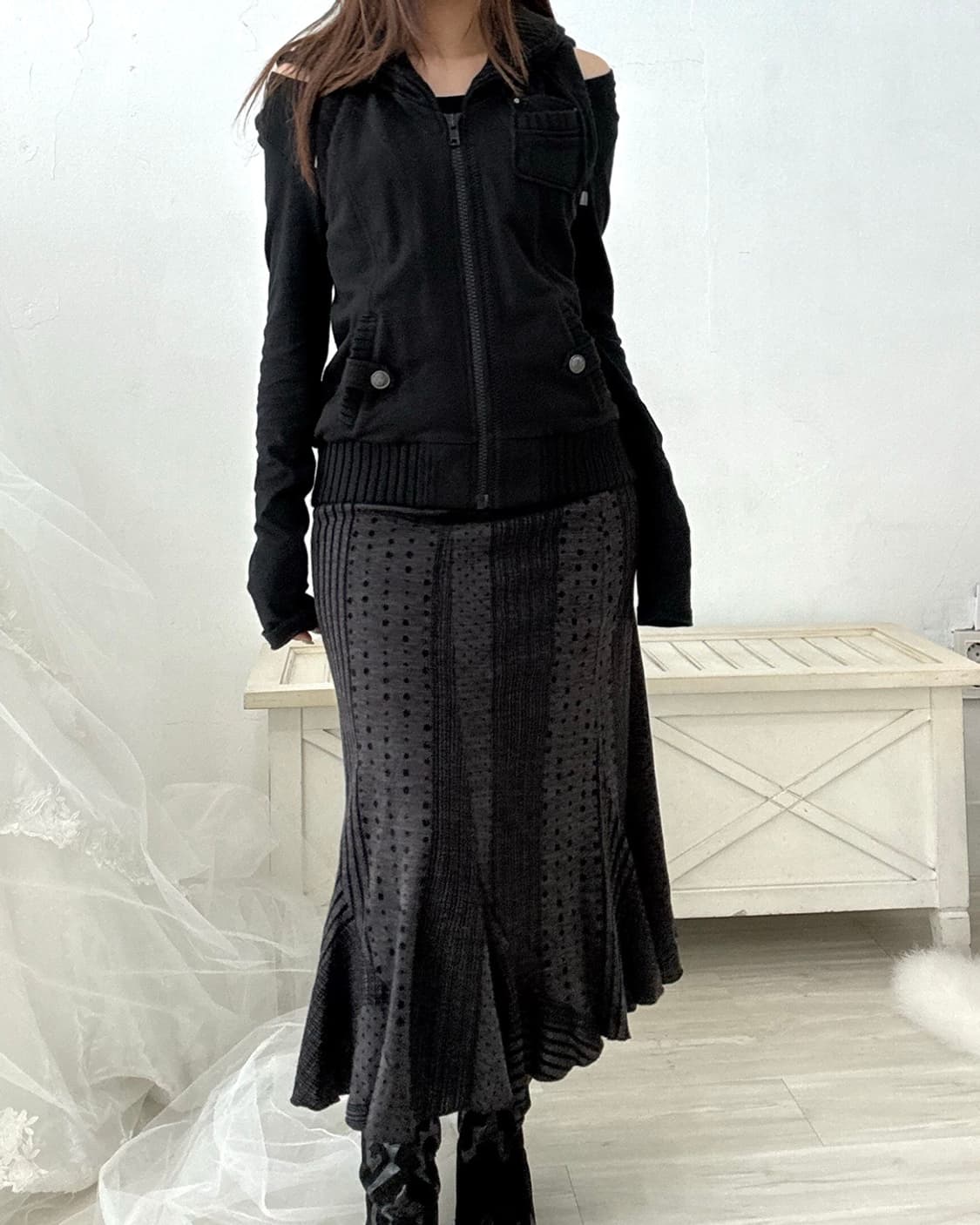 Dot stripe purple black long skirt 상품이미지5