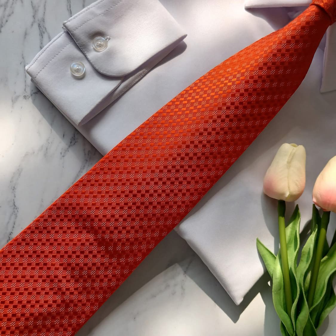 아쿠아스큐텀 실크 오렌지 자카드 패턴 넥타이 9.5cm A+등급 E865 상품이미지5