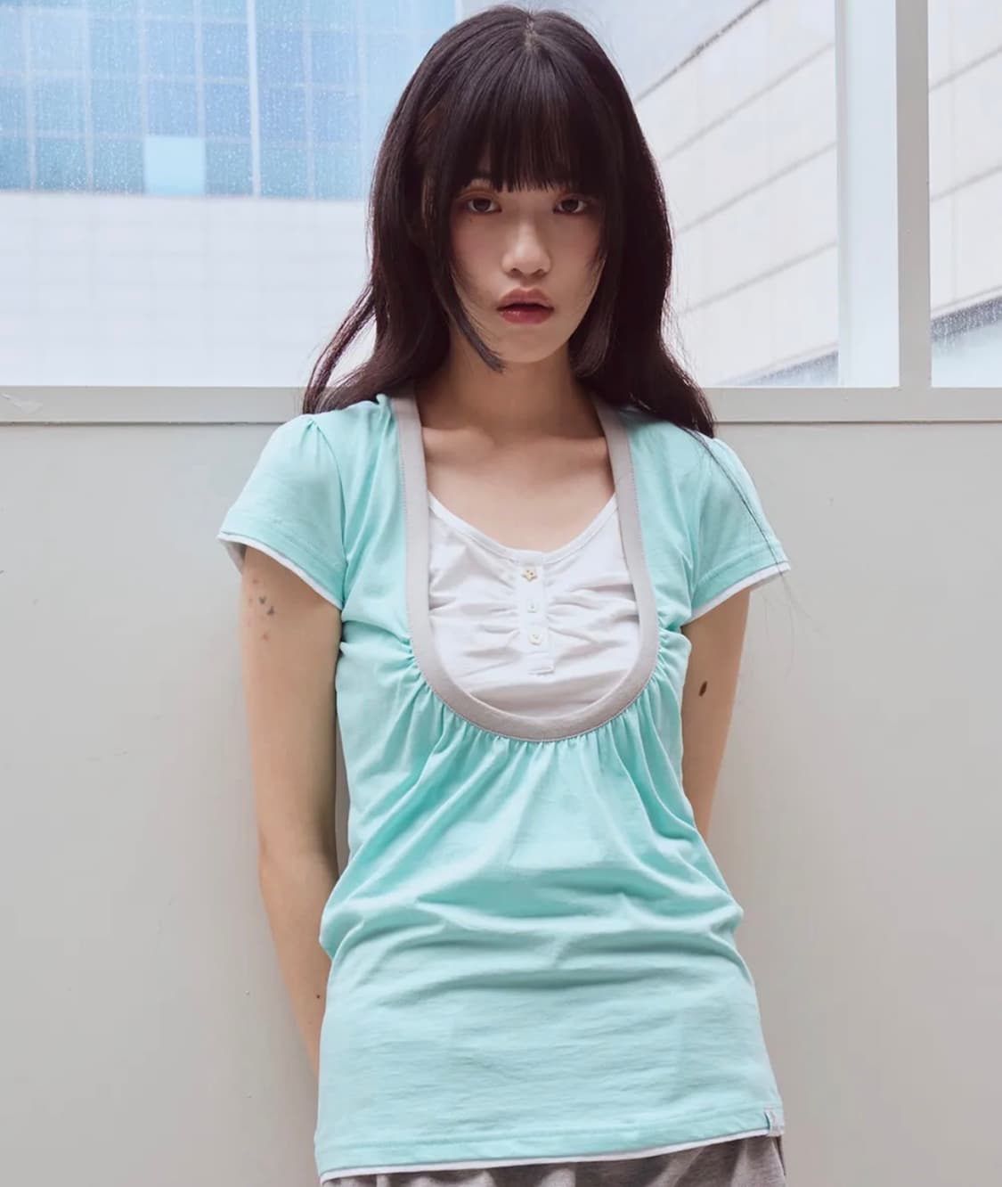 Shirring U neck T-shirts, Mint 상품이미지1