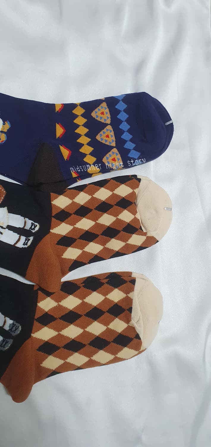 네이비 브라운 고양이 체크 양말 상품이미지4