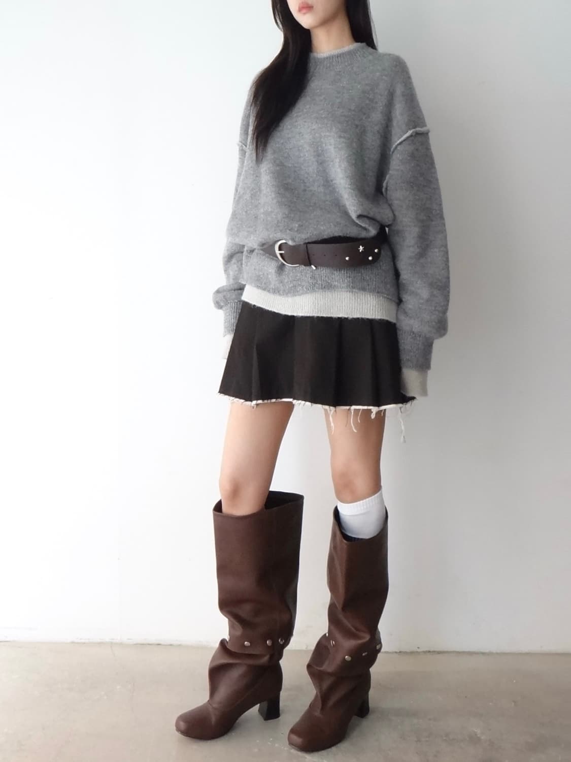 Heavy wool layered trimming knit / grey  상품이미지2