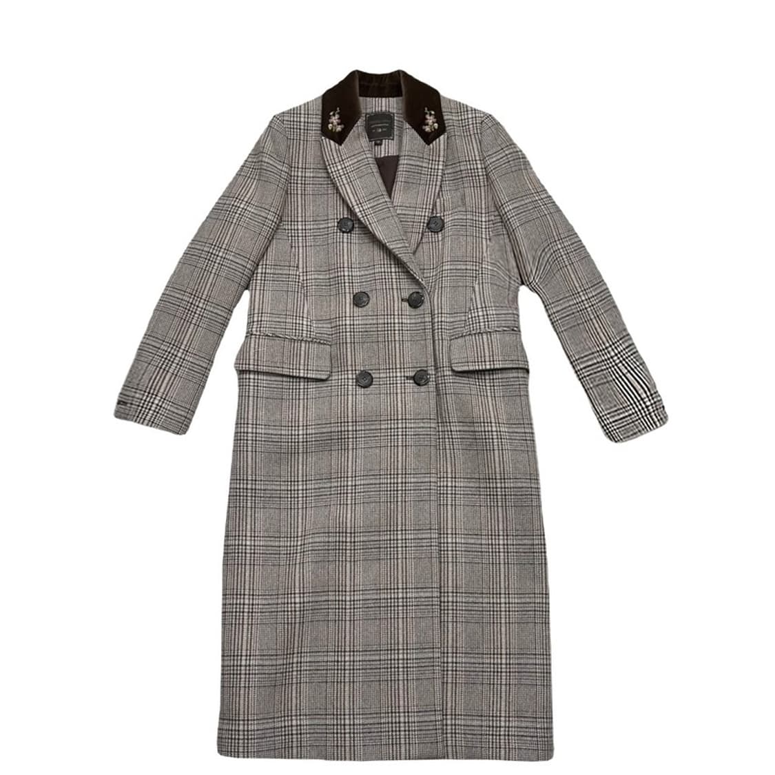 써스데이 아일랜드 더블여밈 체크 자수 맥시기장 코트 S 상품이미지1