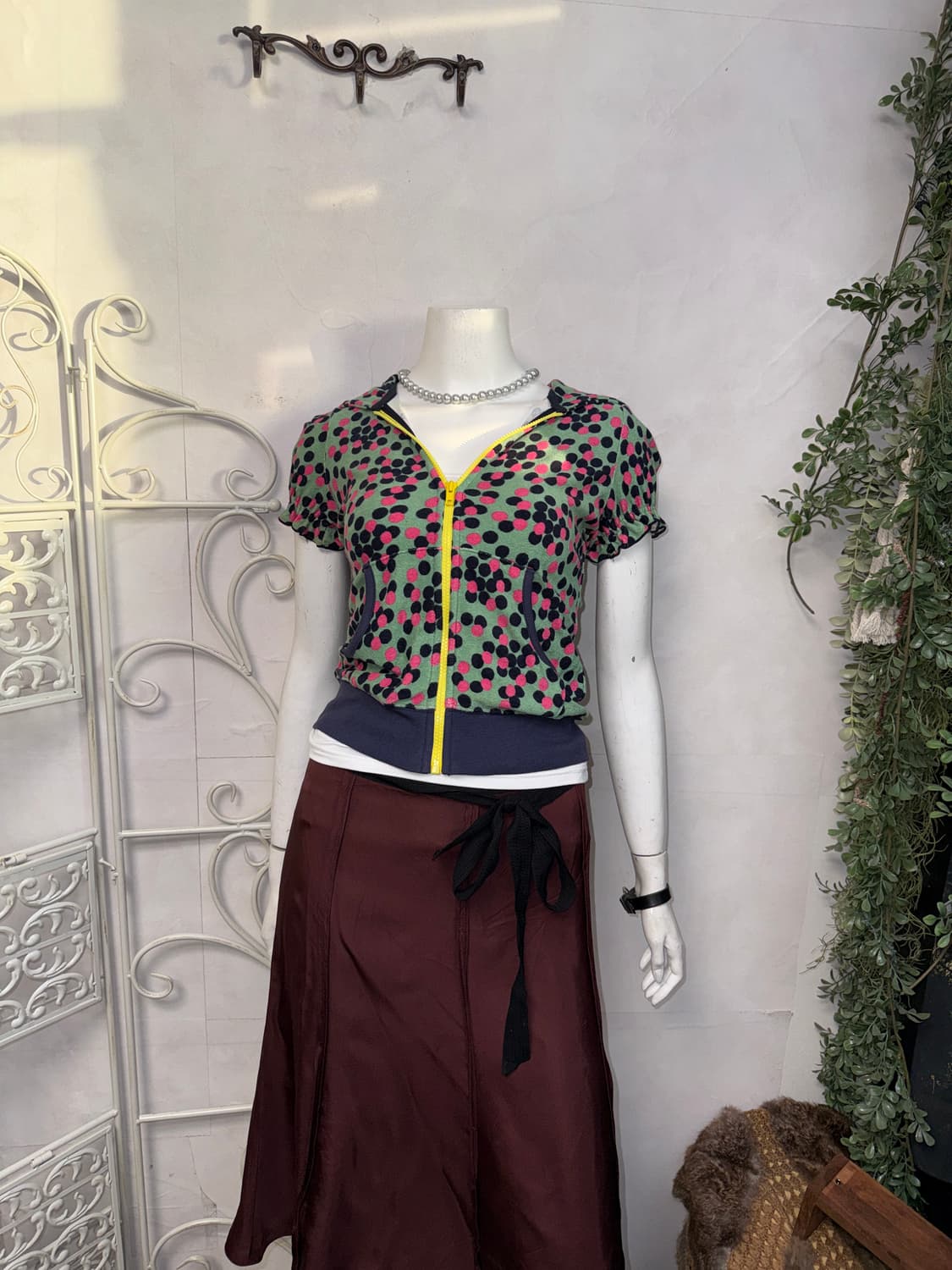 Mint pink dot velvet puff half 후드집업 상품이미지6