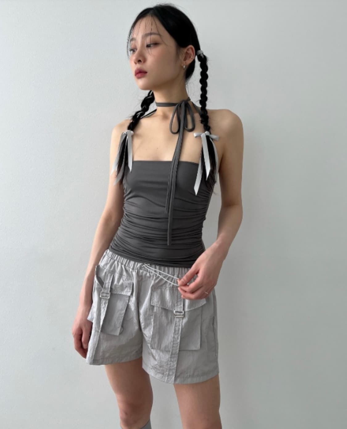 시너진 져지 저지 셔링 스트랩 튜브탑 그레이 상품이미지4