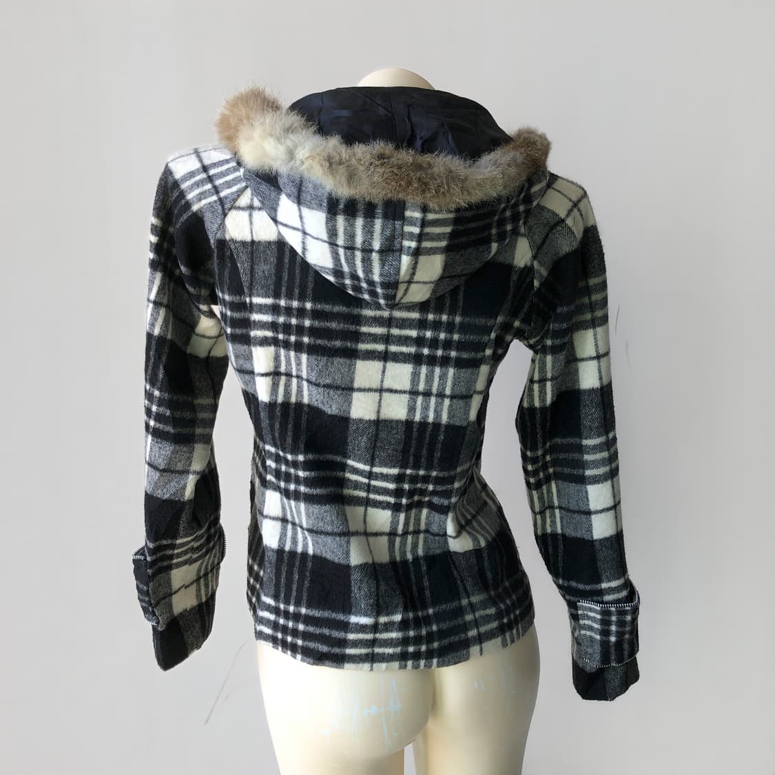 체크 퍼 후드 더플 숏 코트 상품이미지5