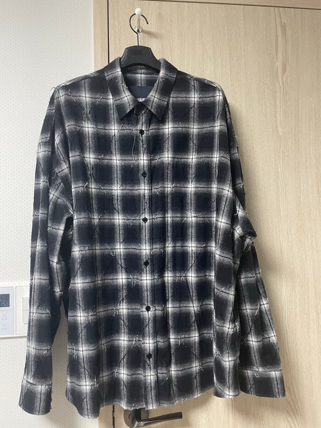52사이즈, 준지 25ss 아가일 데미지 체크 루즈핏 셔츠 블랙 상품이미지1