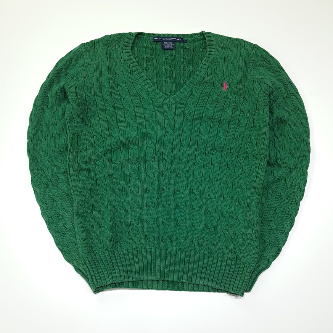 CL022 폴로스포츠 코튼 핑크포니 그린 케이블 브이넥 니트 스웨터 상품이미지1
