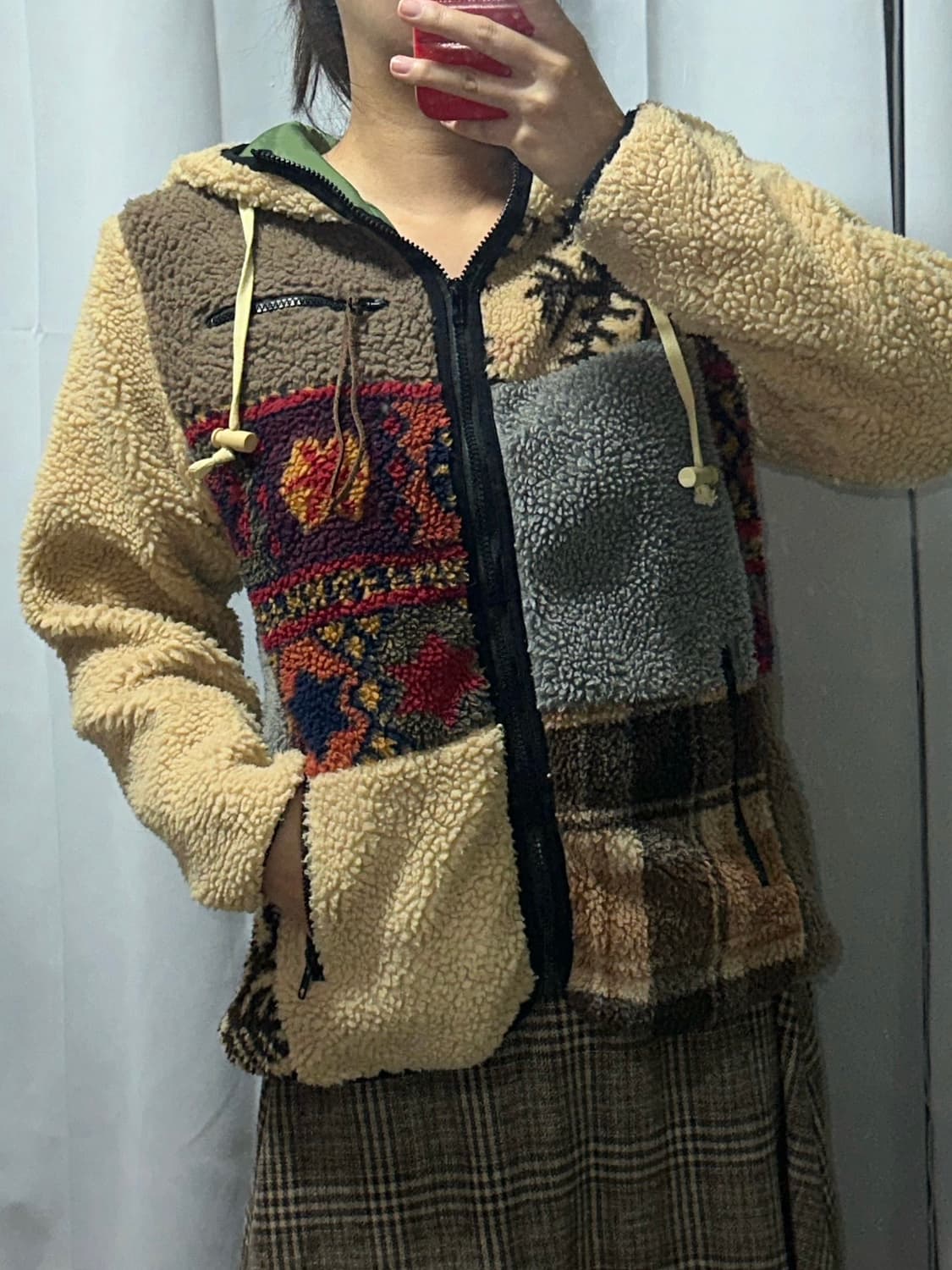 모리 패치워크 뽀글이 후드집업 상품이미지1