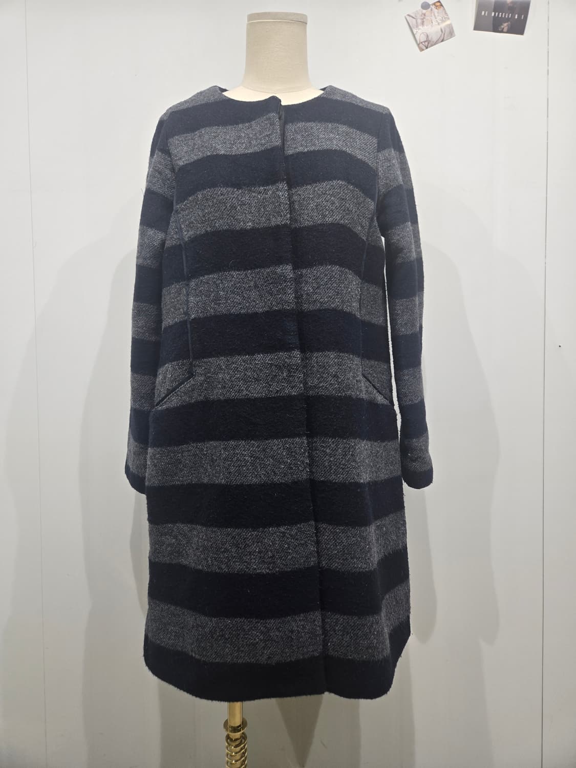 랑방 줄무늬 모직 코트 블랙/회색 상품이미지1