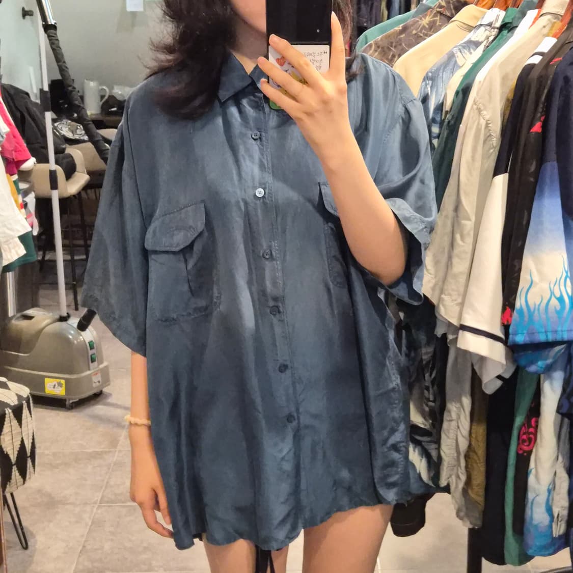 [NO.9] 빈티지 실크 반팔 셔츠 스모키블루 상품이미지2