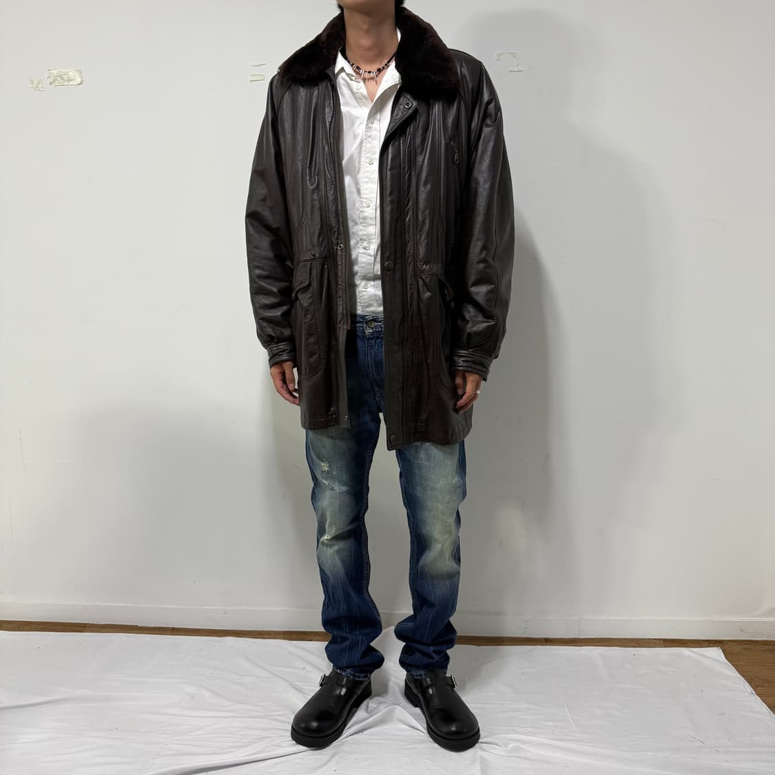 빈티지 카우하이드 레더코트 퍼 탈부착가능   상품이미지3