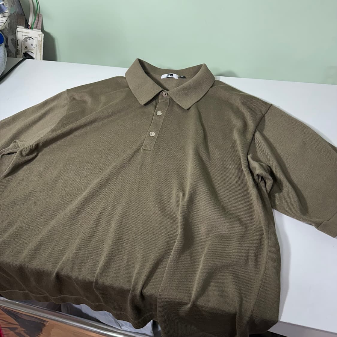 XXL 유니클로U 카키 써머폴리 반팔카라티 상품이미지3