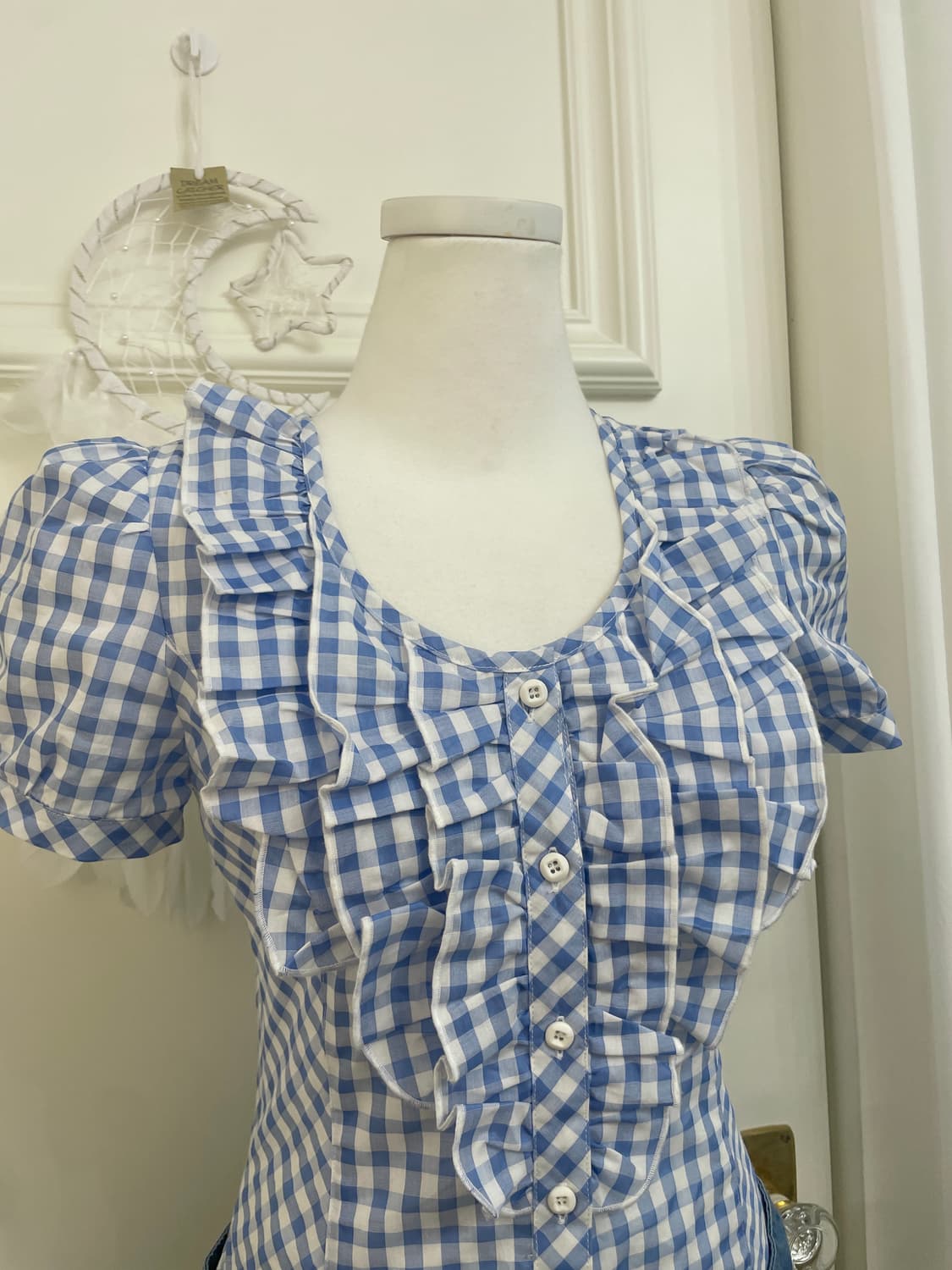sky blue ginham check ruffle top denim s 상품이미지6