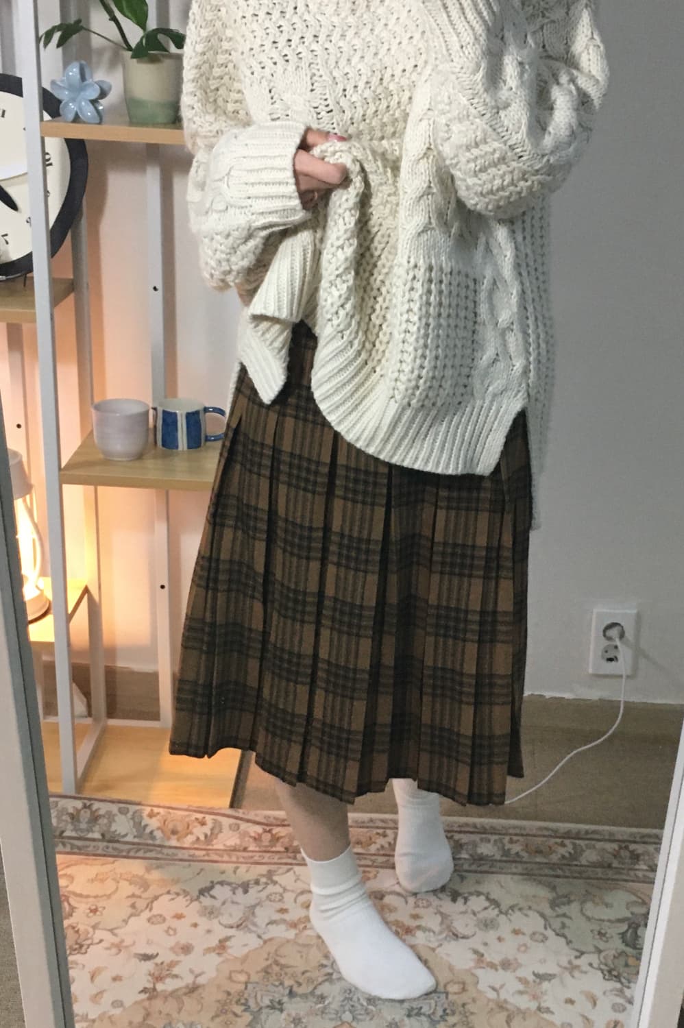 브라운 체크 울 플리츠 스커트 상품이미지4