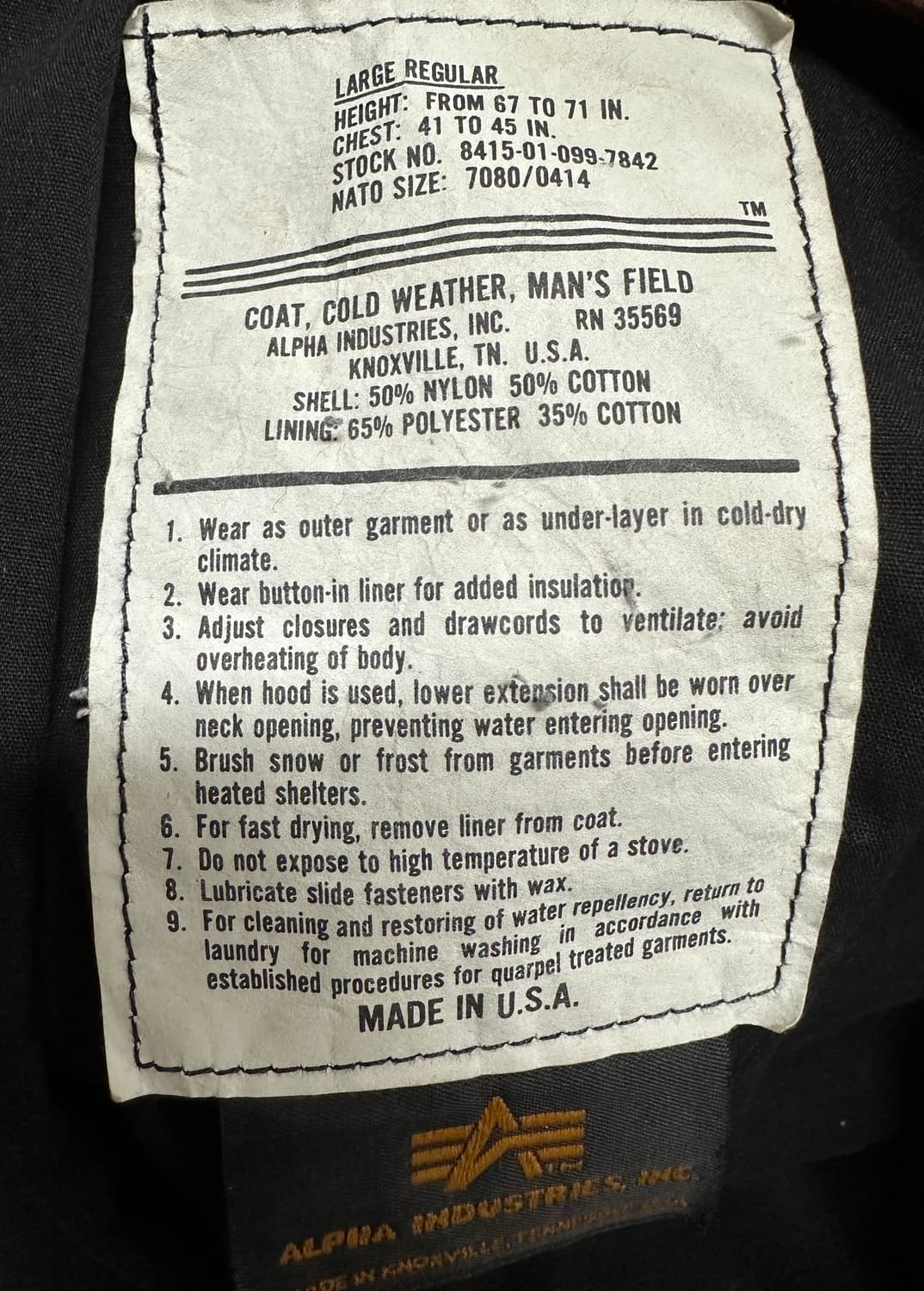 알파인더스트리 M65 필드자켓 야상 블랙 L USA 상품이미지3