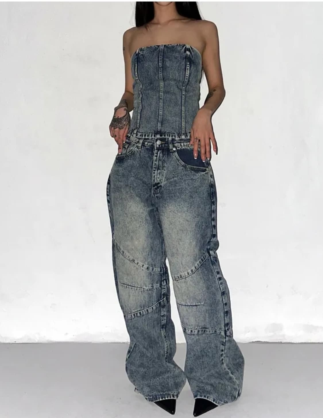 인디스하우스 컷아웃 절개 데님 와이드팬츠 상품이미지2