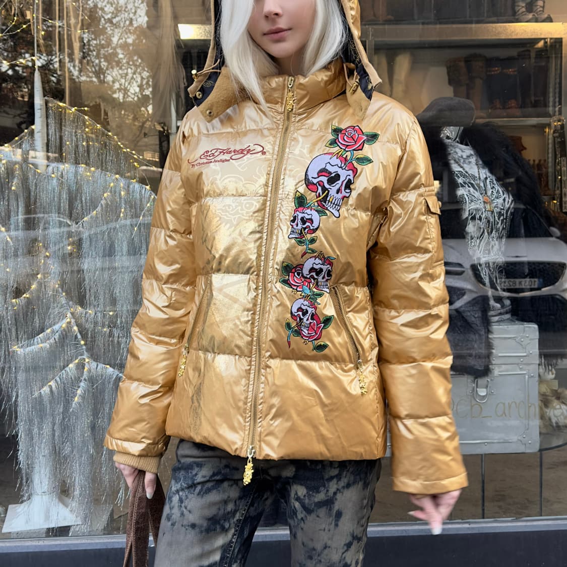 2000s 에드하디 골드 패치 패딩 코트 상품이미지1