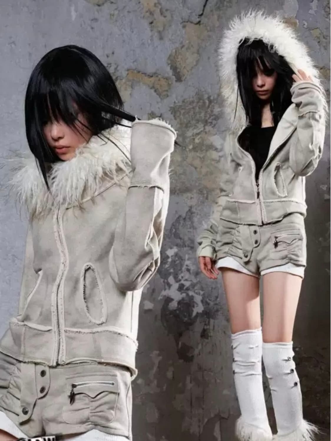 ARIADNAw 펑크 퍼 빈티지 후드집업 반바지 set 상품이미지1