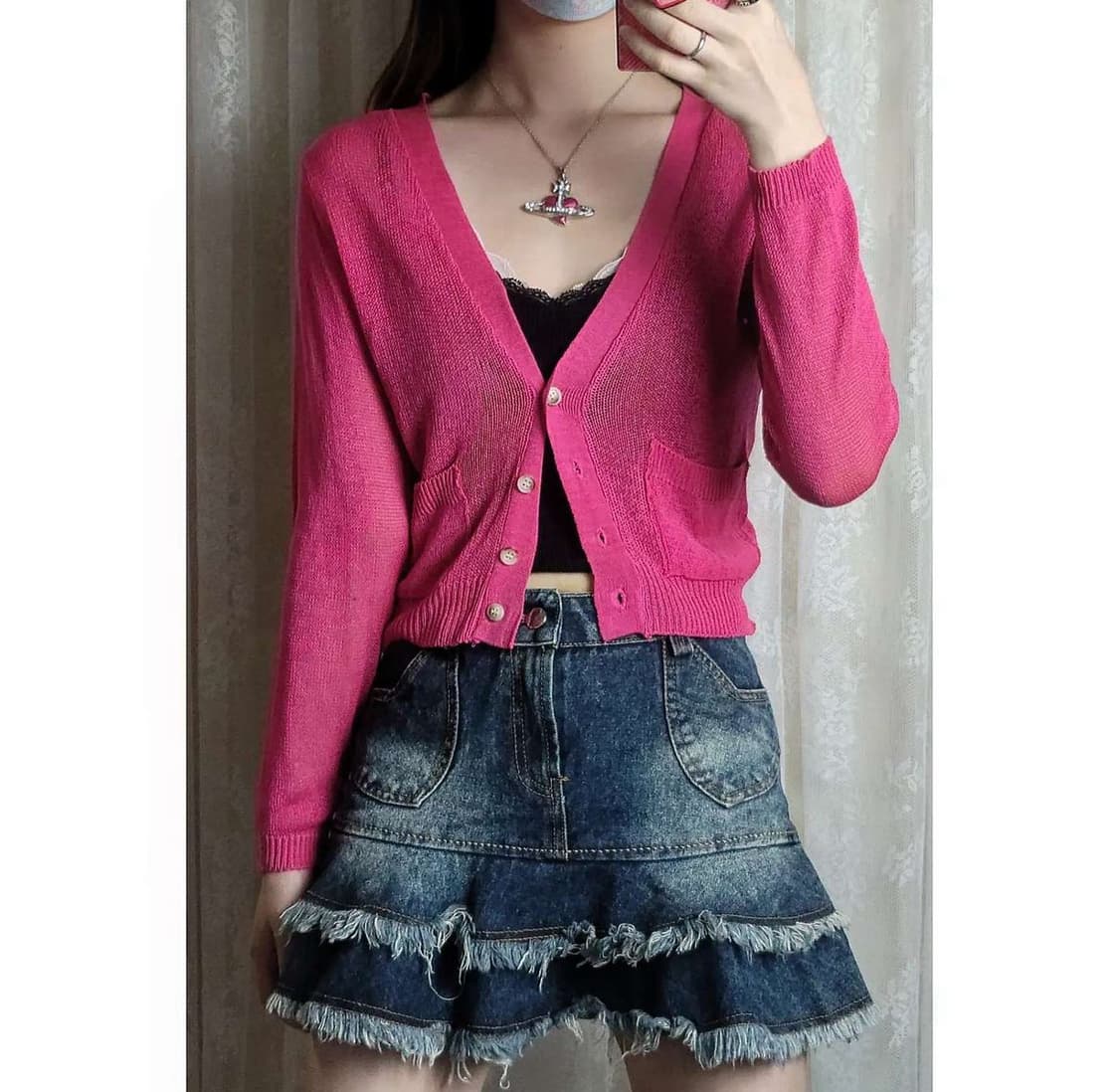 원포인트빈티지 핑크 브이넥 가디건 숏 가디건 상품이미지1