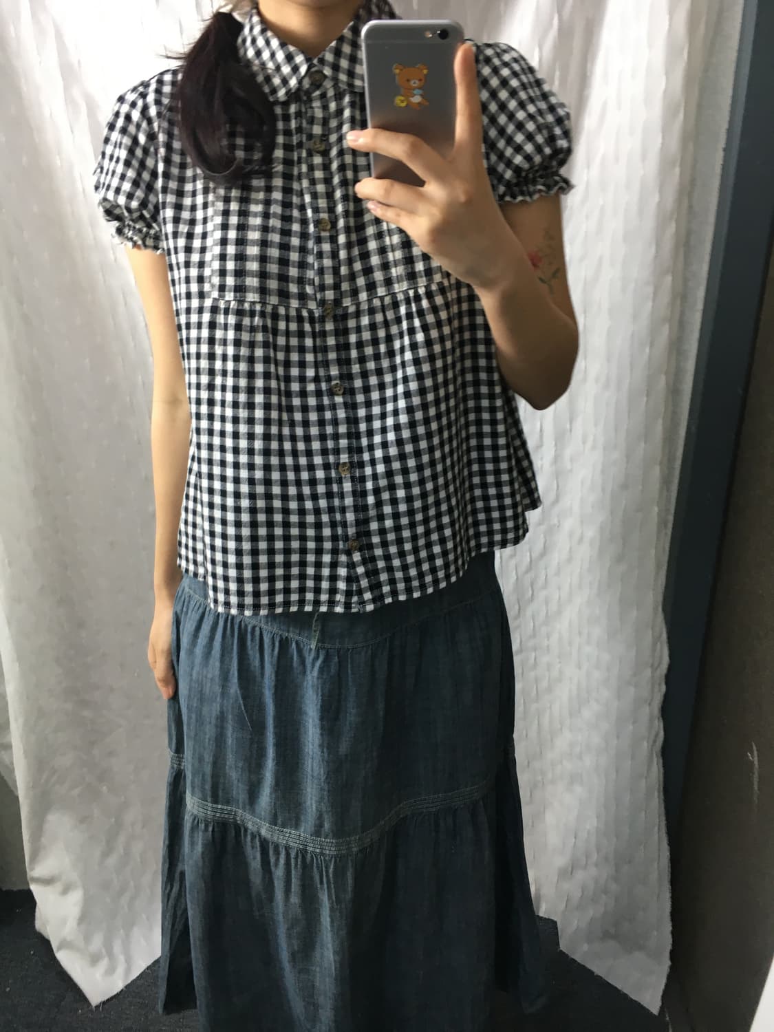 블랙 체크 둥근카라 블라우스 상품이미지3