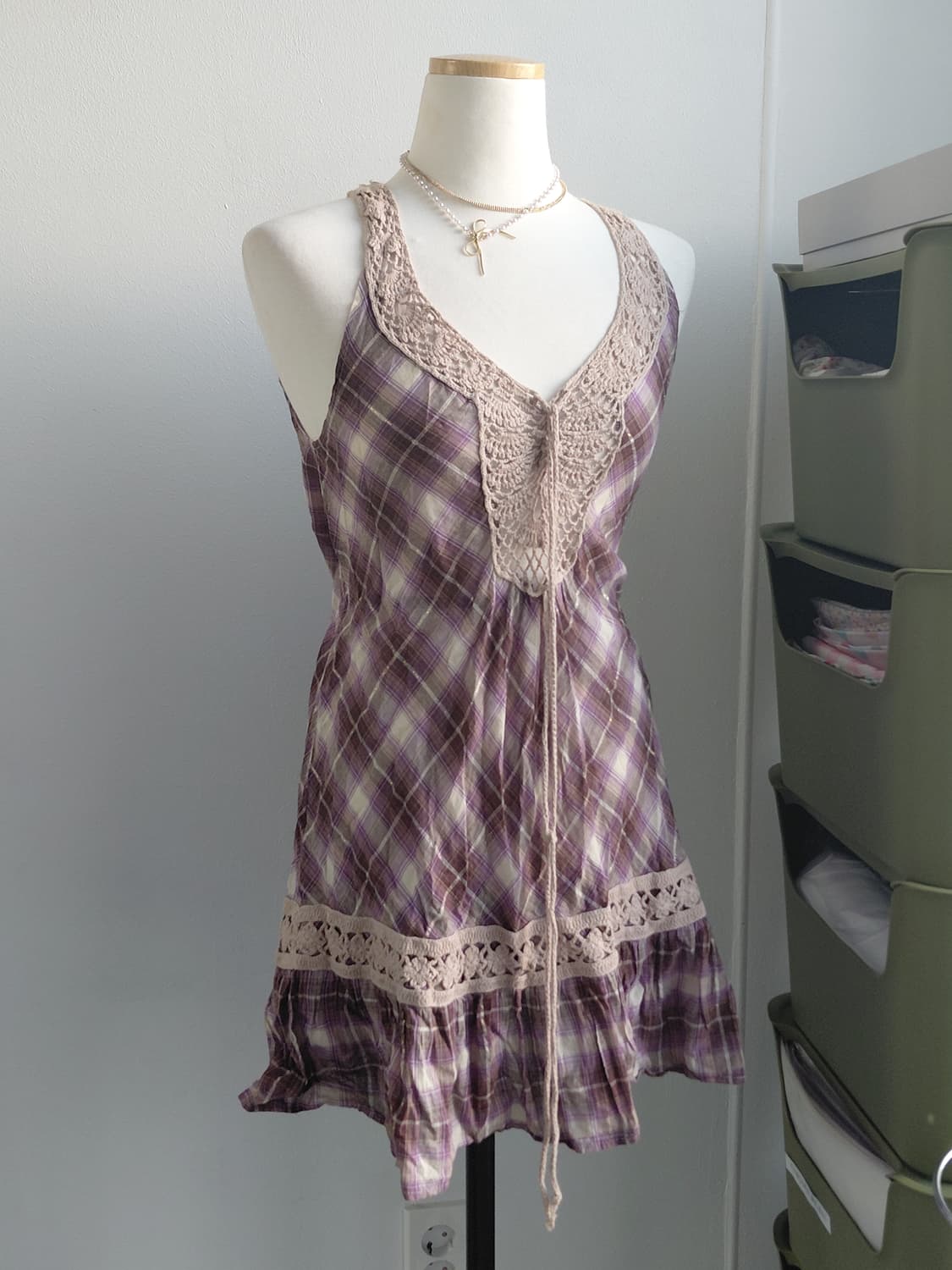 [일본빈티지] 체크 패턴 레이스 미니 원피스 상품이미지1