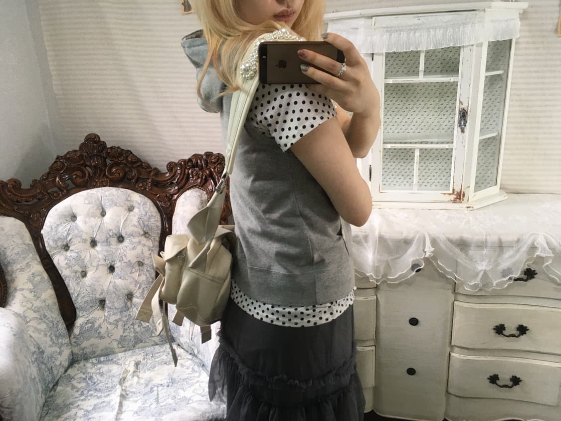 Set)도트 아이보리 반팔 + 그레이 레이스 후드집업 상품이미지2