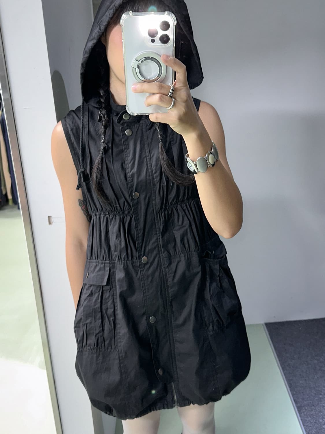 black shirring hood zip jacket 상품이미지2
