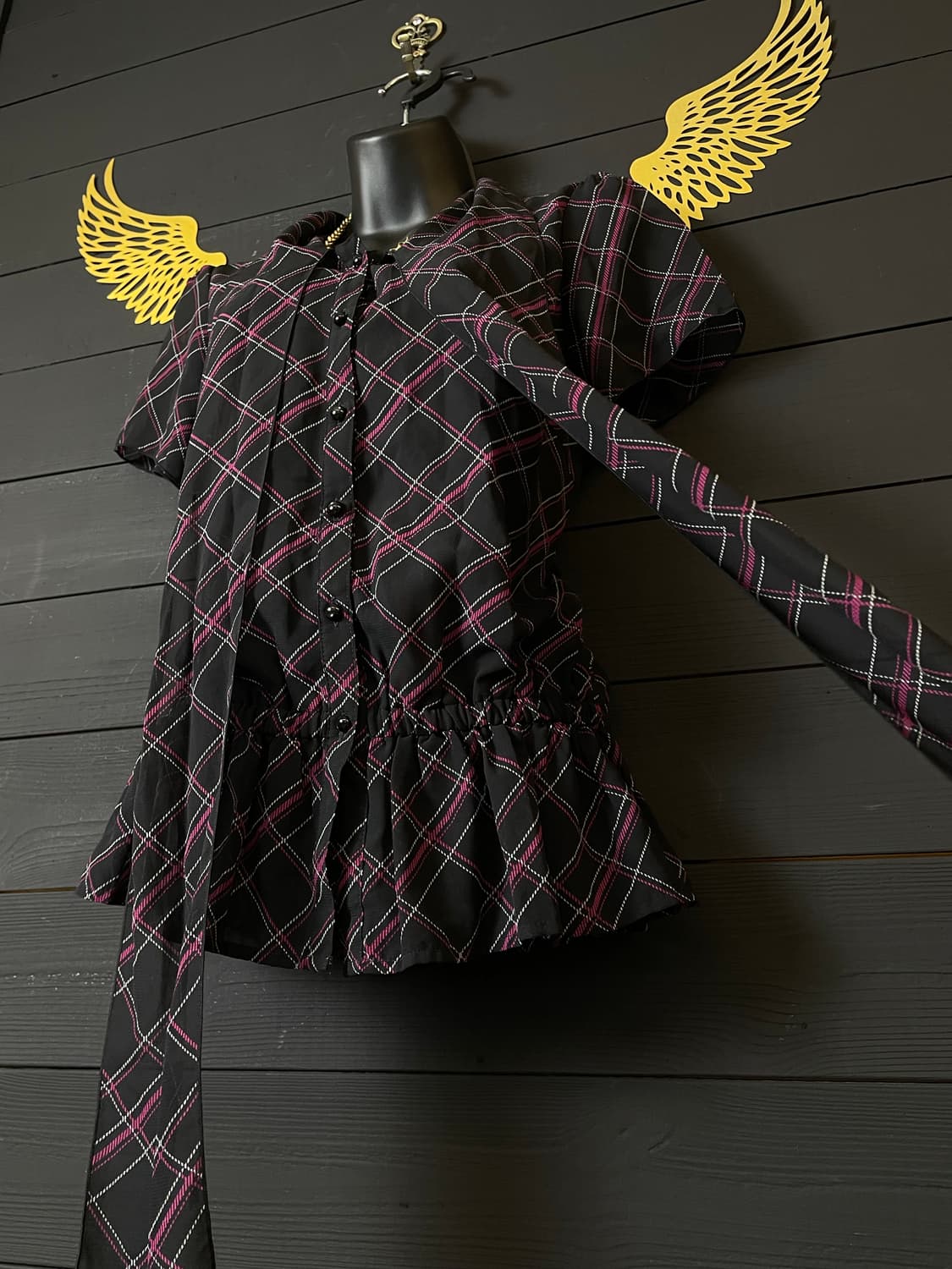 JPN 갸루 핑크 체크 패턴 블랙 쉬폰 블라우스 셔츠 탑 상품이미지5