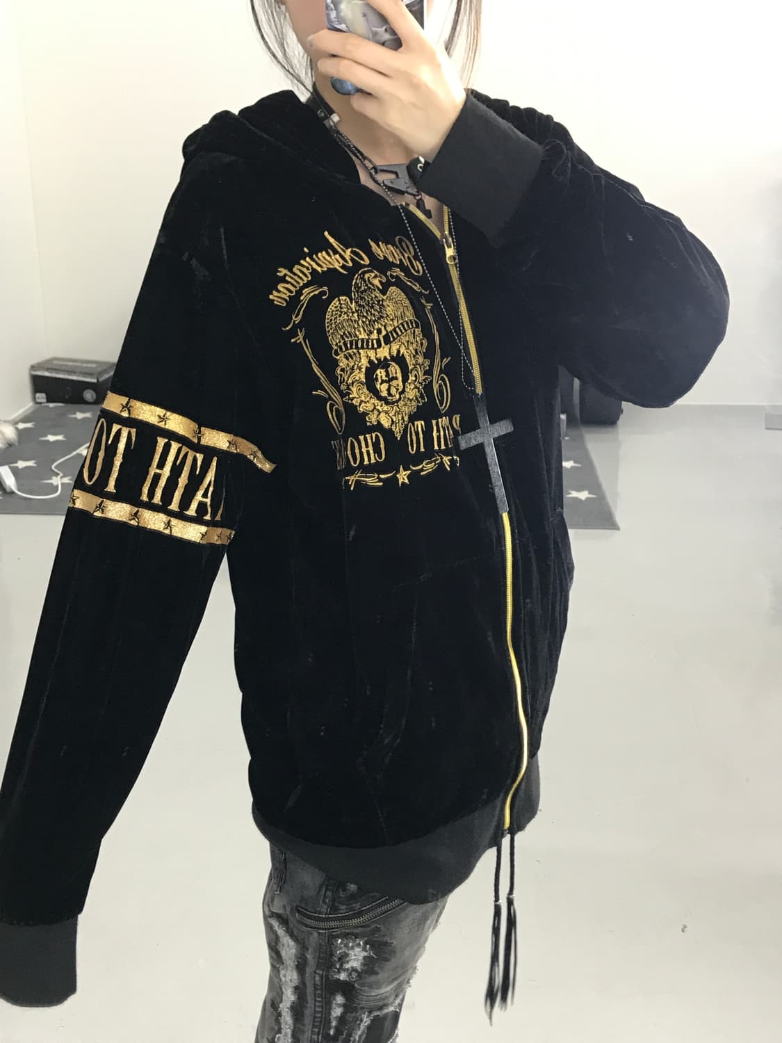 JPN Y2K펑크 블랙벨벳 프린팅 후드집업 상품이미지3