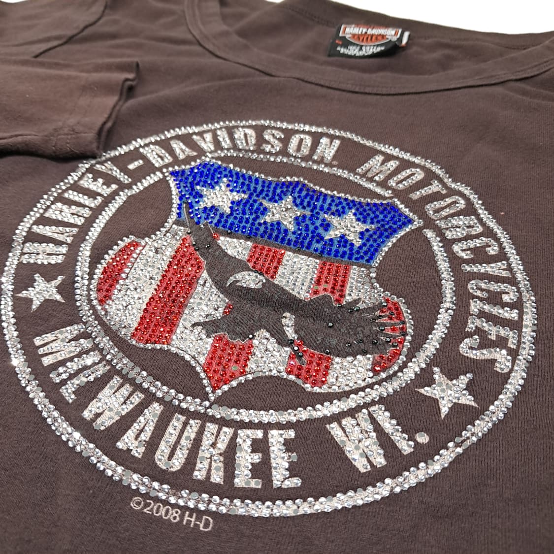 CL570 M 할리데이비슨 00s 라인스톤 다크브라운 이글 티셔츠 상품이미지5