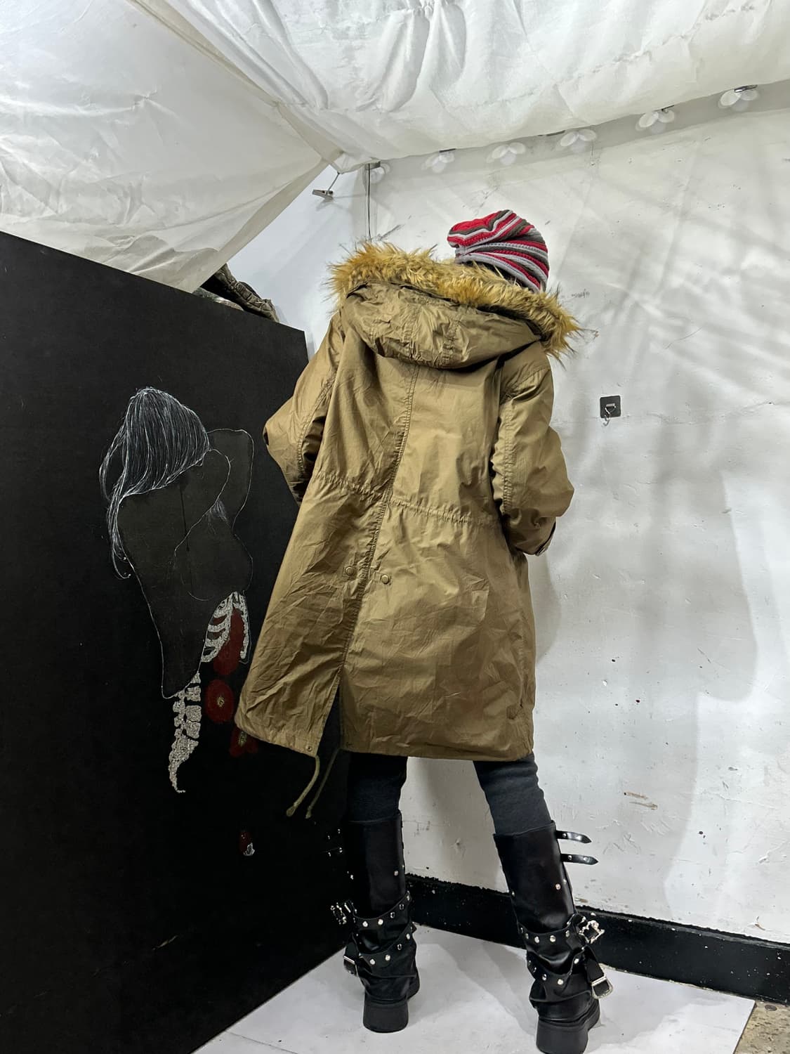 일본빈티지 카키 울프죠 퍼 후드 개파카 야상 밀리터리 갸루 M 상품이미지3