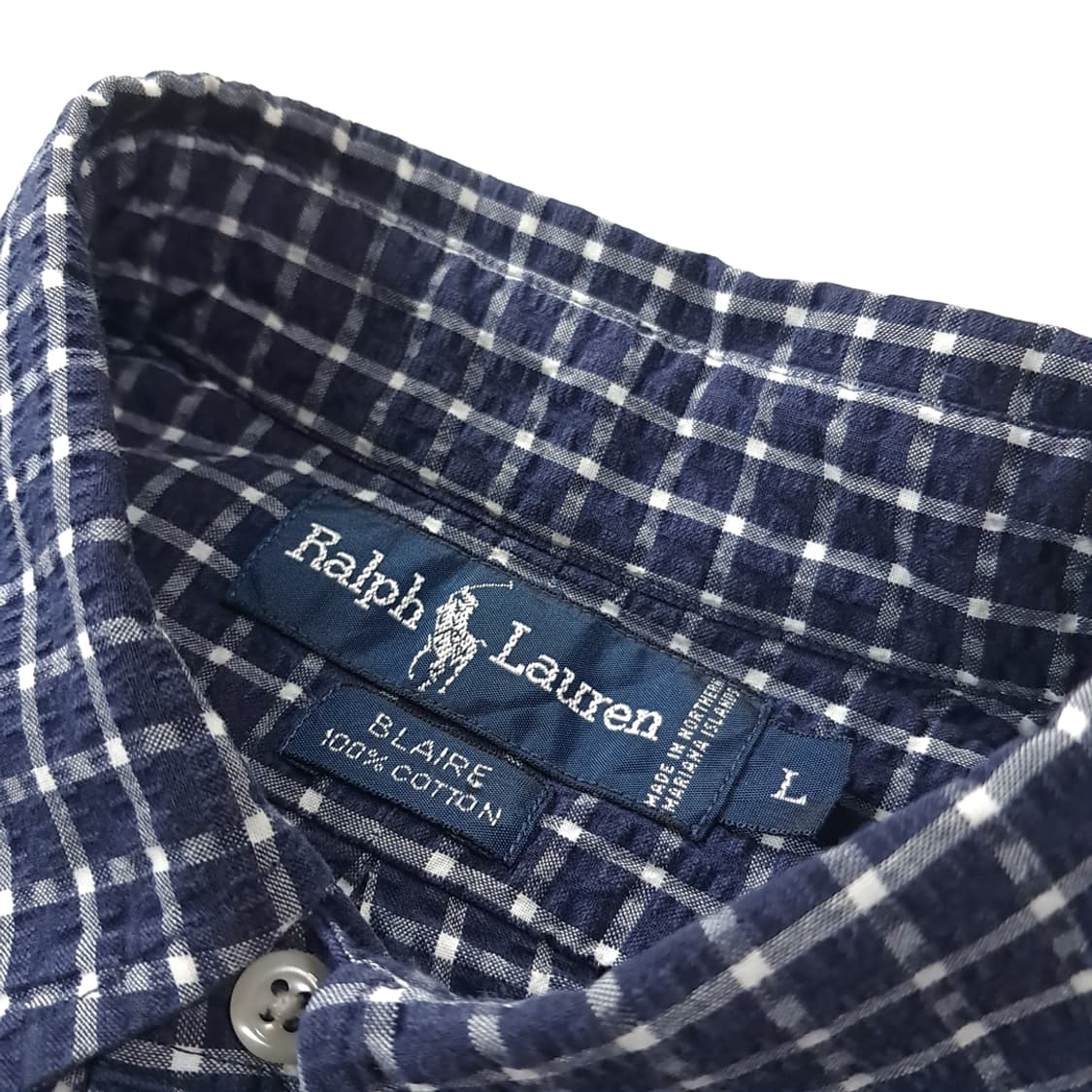 CK162 L 폴로 90s 미국판 시어서커 로얄네이비 스몰체크 셔츠 남 상품이미지3