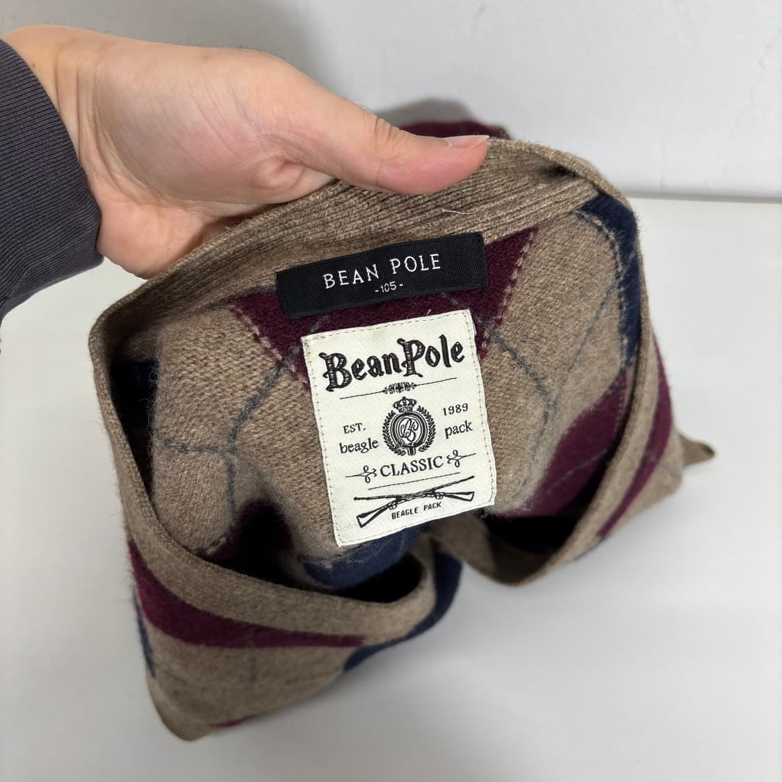 우먼L 빈폴 베이지 아가일 울100% 니트베스트 상품이미지3