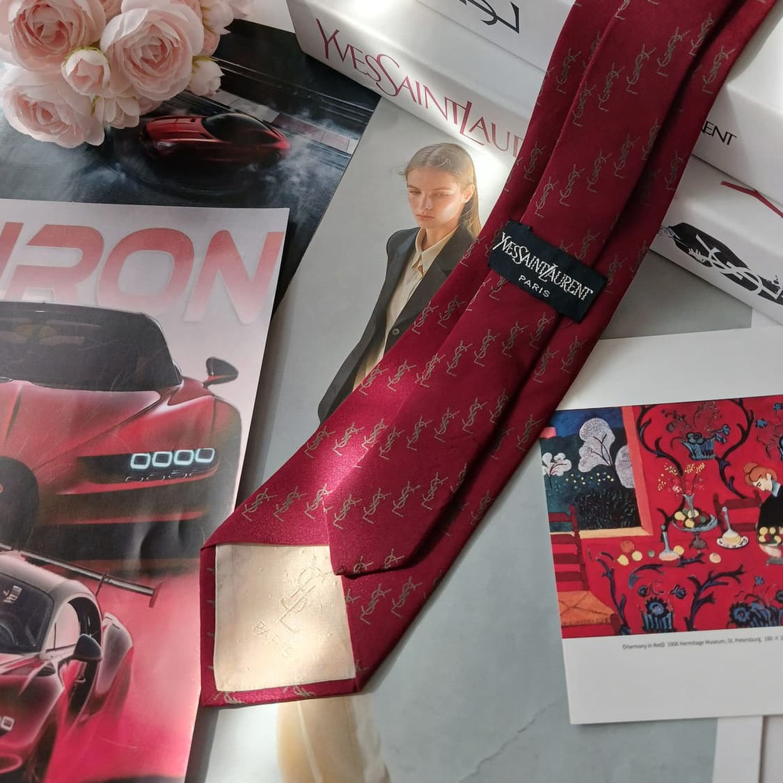 입생로랑 실크 레드 로고 패턴 슬림 넥타이 7.8cm B등급 A18867 상품이미지4