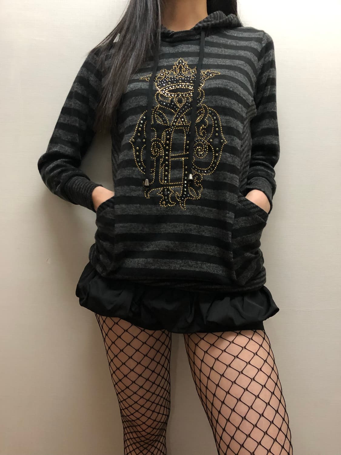 빈티지 블랙 펑크 스트라이프 후디 상품이미지5