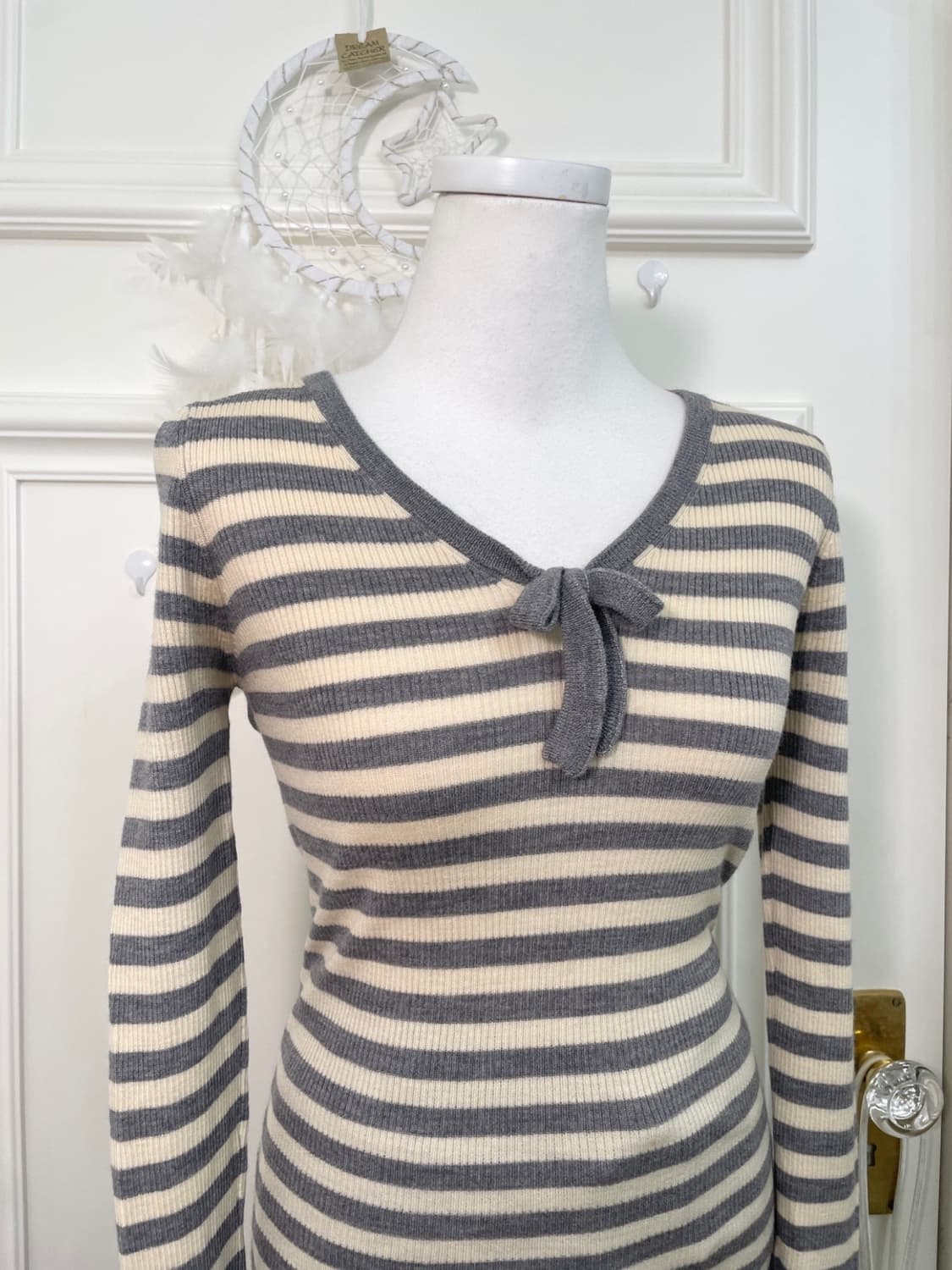 IENA ivory gray stripe bow point wool sl 상품이미지5