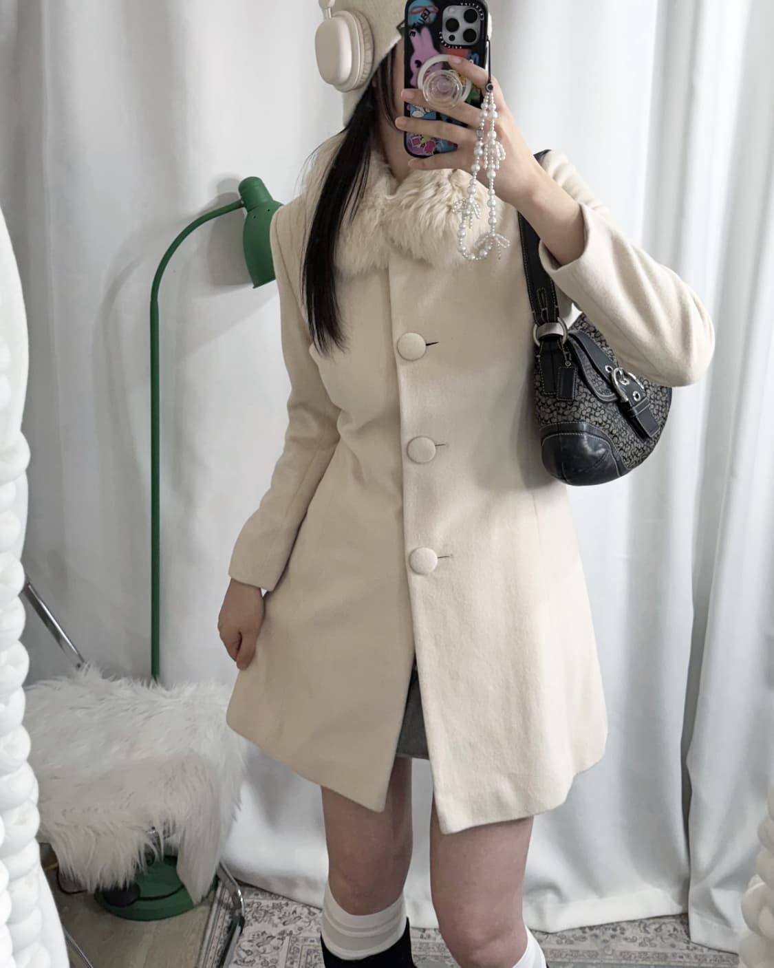 아이보리 앙고라 & 폭스퍼 롱 코트 상품이미지1