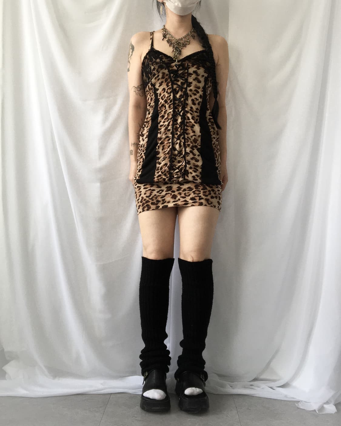 Lace up point leopard pattern slip onepi 상품이미지6