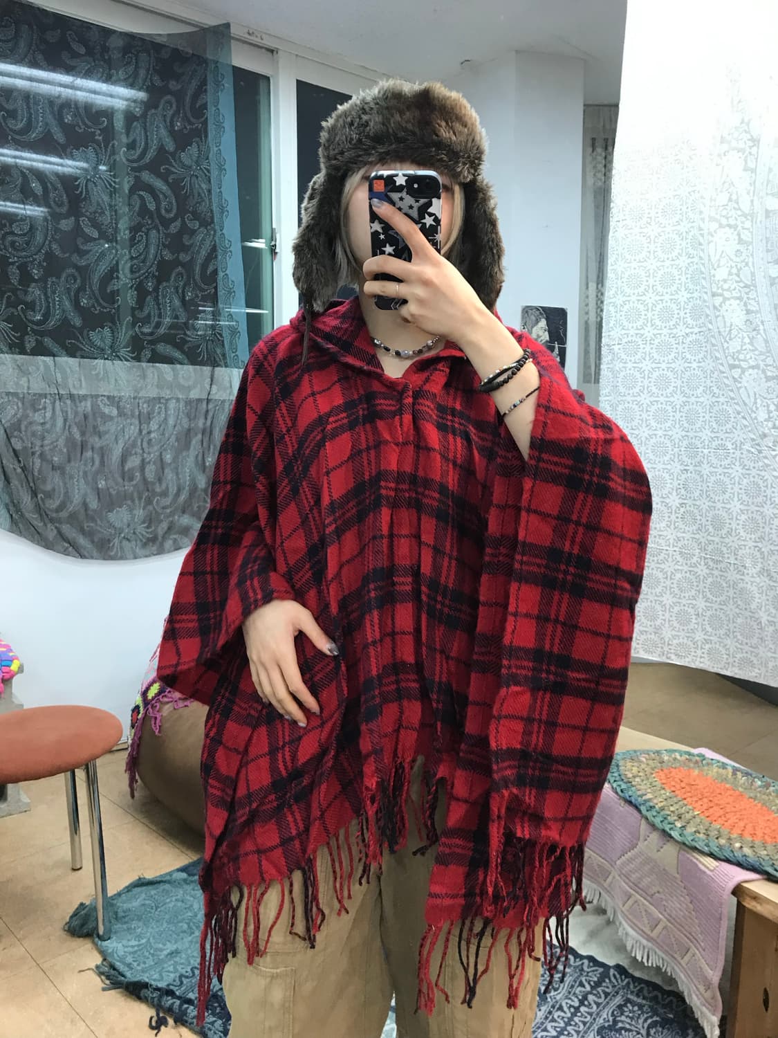 빈티지 체크 타탄 후드 판쵸  상품이미지2