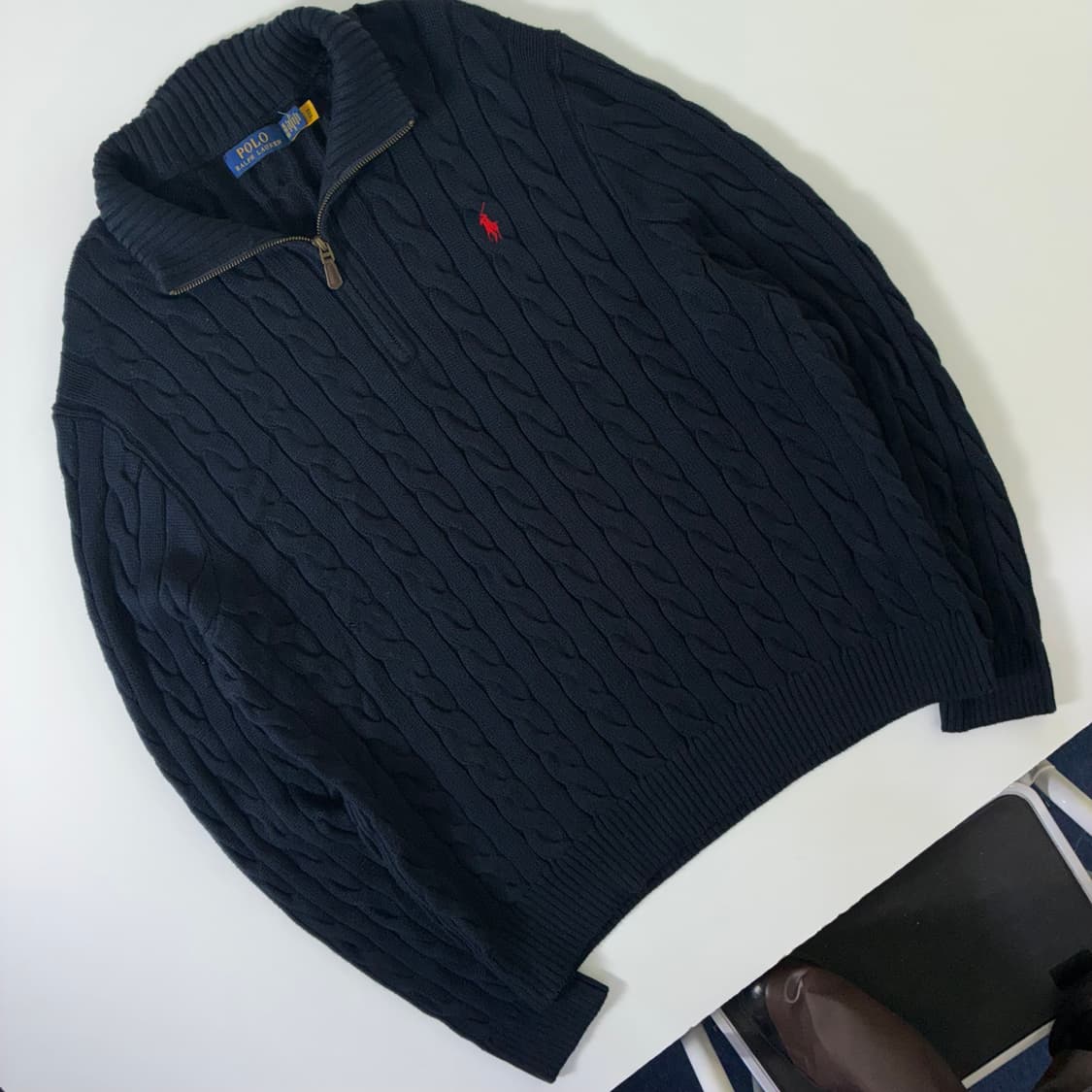 Polo  폴로 랄프로렌 자수 코튼 네이비 꽈배기 반집업 니트  상품이미지2