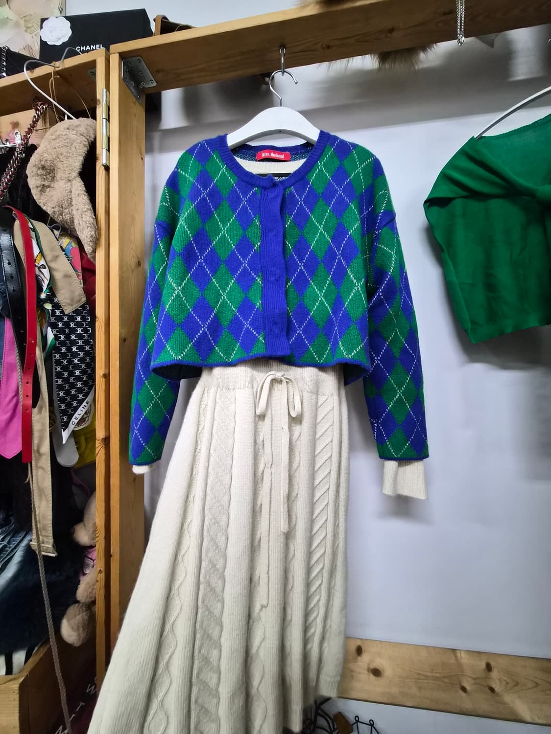 블루 그린 아가일 크롭 가디건 상품이미지1