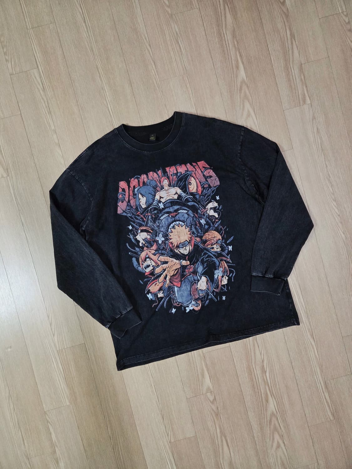 LIANGXILIN 블랙 원워싱 프린트 롱 슬리브 티셔츠 상품이미지1