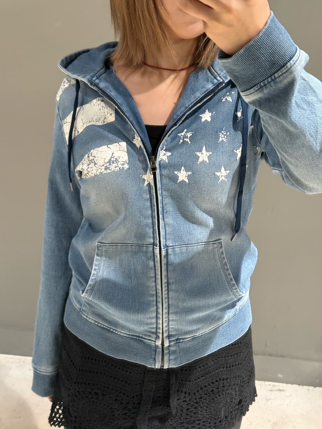 denim washing star pattern hood zip-up 상품이미지3