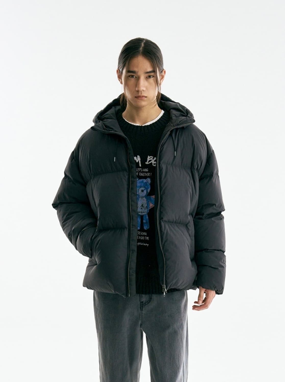 [M] 더니트컴퍼니 라이트 덕다운 후드 숏패딩 블랙 상품이미지3